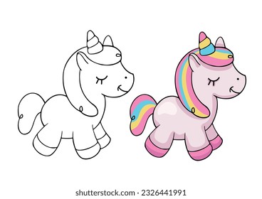 Coloring page of cute unicorn. Line drawing and color version of a cute cartoon horse. Children's educational game coloring book. Activity page for teaching drawing.