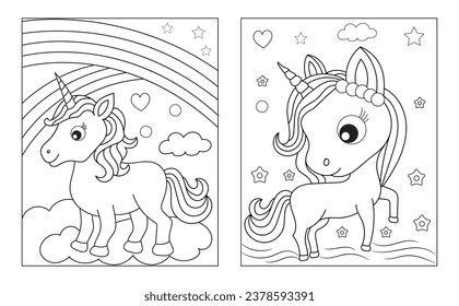 Página de coloreado con unicornio lindo. Imagen vectorial en blanco y negro para niños. Unicornios fríos con arco iris, flores, dulces.