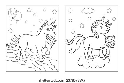 Página de coloreado con unicornio lindo. Imagen vectorial en blanco y negro para niños. Unicornios fríos con arco iris, flores, dulces.