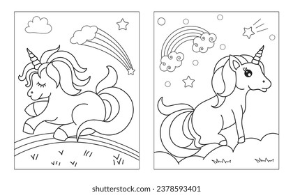 Coloring page with cute unicorn. Vector black and white image for children. Cool unicorns with rainbow, flowers, sweets.