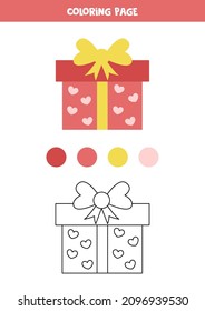  Coloring page with cute valentine present. Worksheet for children.