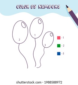 Coloring page with cute vector baloons. Color by numbers. Educational kid game, drawing childrens activity, printable worksheet.