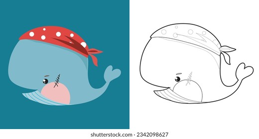 Coloring page the cute whale with pirate bandana. Kawaii whale cartoon character. Educational printable coloring worksheet. Coloring activity for children. Vector outline coloring page kids.