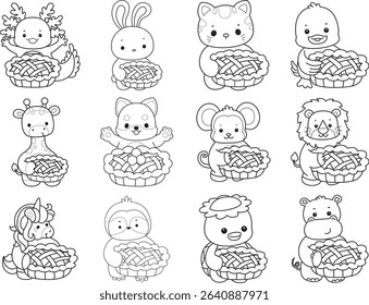 Coloring page of Cute wild animal vector icon. Lineart of Fluffy pet stickers. outline of animals bring a pie Cherry
