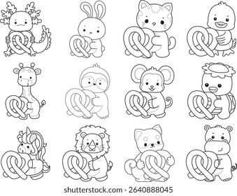 Coloring page of Cute wild animal vector icon. Lineart of Fluffy pet stickers. outline of animals bring a waffle
