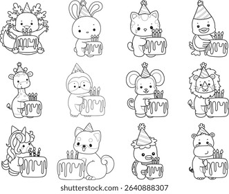 Coloring page of Cute wild animal vector icon. Lineart of Fluffy pet stickers. outline of animals bring a birthday cake
