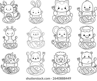 Coloring page of Cute wild animal vector icon. Lineart of Fluffy pet stickers. outline of animals want to eating spaghetti
