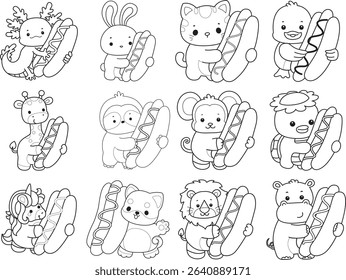 Coloring page of Cute wild animal vector icon. Lineart of Fluffy pet stickers. outline of animals bring a hot dog
