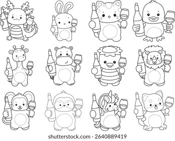 Coloring page of Cute wild animal vector icon. Lineart of Fluffy pet stickers. outline of animals bring a bottle of beer
