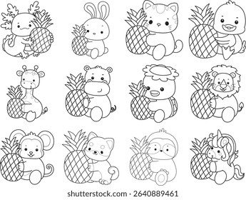 Coloring page of Cute wild animal vector icon. Lineart of Fluffy pet stickers. outline of animals bring a pineapple
