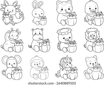 Coloring page of Cute wild animal vector icon. Lineart of Fluffy pet stickers. outline of animals drinking a coconut
