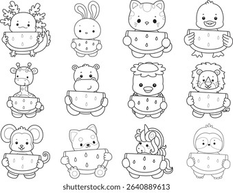Coloring page of Cute wild animal vector icon. Lineart of Fluffy pet stickers. outline of animals bring a watermelon
