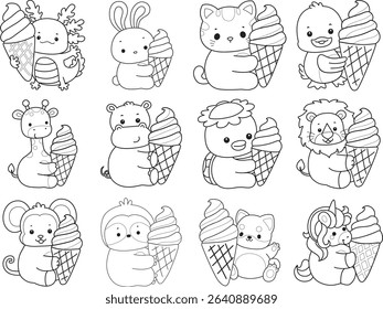 Coloring page of Cute wild animal vector icon. Lineart of Fluffy pet stickers. outline of animals bring a strawberry ice cream
