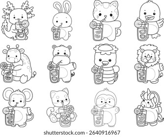Coloring page of Cute wild animal vector icon. Lineart of Fluffy pet stickers. outline of animals drinking an orange juice

