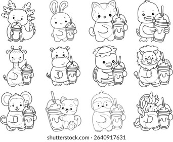 Coloring page of Cute wild animal vector icon. Lineart of Fluffy pet stickers. outline of animals bring a milkshake
