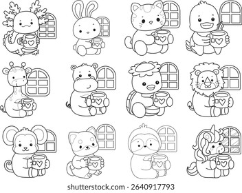 Coloring page of Cute wild animal vector icon. Lineart of Fluffy pet stickers. outline of animals drinking a tea
