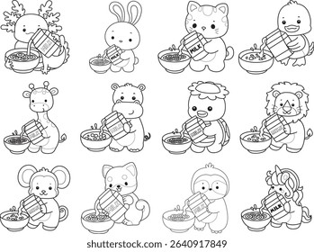 Coloring page of Cute wild animal vector icon. Lineart of Fluffy pet stickers. outline of animals pouring a milk into cereal
