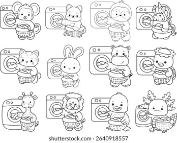 Coloring page of Cute wild animal vector icon. Lineart of Fluffy pet stickers. outline of animals washing a clothes in the washing machine
