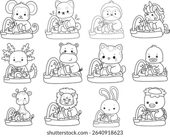 Coloring page of Cute wild animal vector icon. Lineart of Fluffy pet stickers. outline of animals cleaning the plate in the sink
