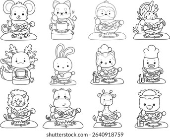 Coloring page of Cute wild animal vector icon. Lineart of Fluffy pet stickers. outline of animals cooking a fried rice
