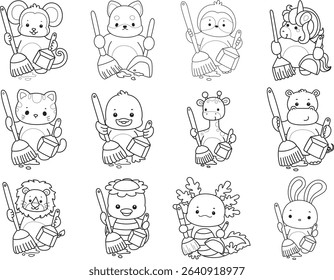 Coloring page of Cute wild animal vector icon. Lineart of Fluffy pet stickers. outline of animals cleaning the floor with broom and duster
