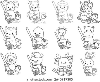 Coloring page of Cute wild animal vector icon. Lineart of Fluffy pet stickers. outline of animals cleaning the floor with mop
