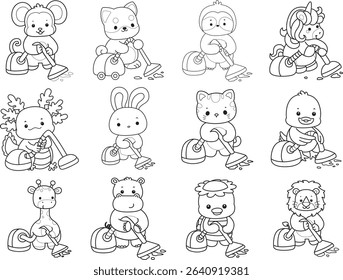 Coloring page of Cute wild animal vector icon. Lineart of Fluffy pet stickers. outline of animals cleaning the floor with vacuum cleaner
