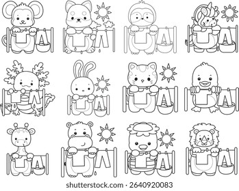 Coloring page of Cute wild animal vector icon. Lineart of Fluffy pet stickers. outline of animals dry and clean the clothes under the sun
