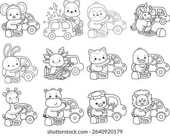 Coloring page of Cute wild animal vector icon. Lineart of Fluffy pet stickers. outline of animals washing a car
