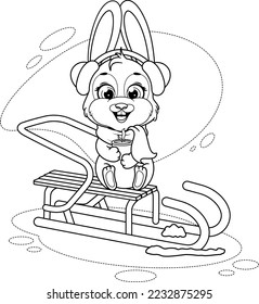 Coloring page. Cute winter bunny sits on a sled