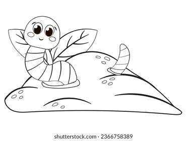 Coloring page with cute worm sitting in ground, kawaii black and white cartoon insects and composting themed educational worksheet for print, game for preschoolers