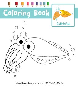 Coloring page of Cuttlefish animals for preschool kids activity educational worksheet. Vector Illustration.