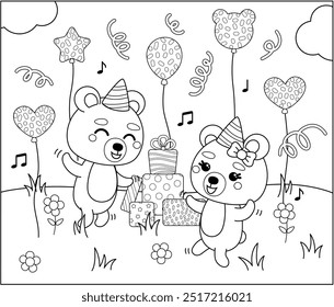 Coloring page. Dance on Birthday party of bear. Black and white bear Birthday. Color me. Isolated vector illustration eps 10