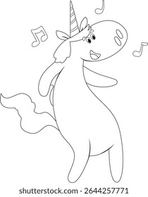 Coloring page with dancing and happy unicorn