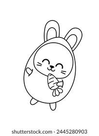 Coloring page with dancing hare in egg suit. Black and white bunny, egg, carrot. Color me. Isolated vector illustration eps