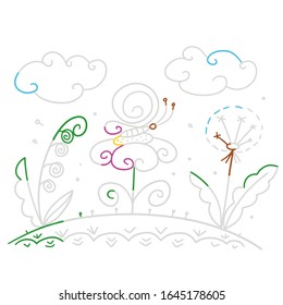Coloring page dandelions and butterfly kids vector illustration
