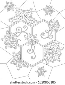 Farbseite mit Dekoration von Hexagons, Schneeflocken und wirbeln auf polygonalem geometrischem Hintergrund. Vektordesign-Vorlage für Kinderfarbbücher, festliches Design, Weihnachts- und Neujahrsposter und -banner