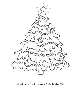 Coloring page of a decorated Christmas tree. Vector black and white illustration isolated on white background. 