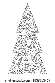 Coloring Page, Decorated Christmas tree . Hand drawn Vector black and white illustration on a white background