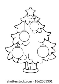 Coloring page of a decorated Christmas tree. Vector black and white illustration isolated on white background. 