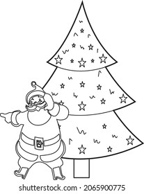 Coloring page of a decorated Christmas tree with Santa Claus . Vector black and white illustrartion on white background.
