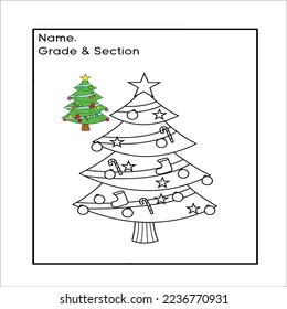 Página de coloreado de un árbol de Navidad decorado con regalos. Ilustración vectorial en blanco y negro sobre fondo blanco. 