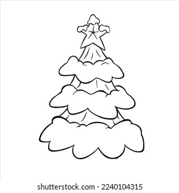 Coloring page of a decorated Christmas tree with gifts. Vector black and white illustration on white background. 