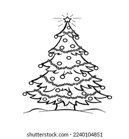 Coloring page of a decorated Christmas tree with gifts. Vector black and white illustration on white background. 