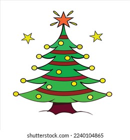 Coloring page of a decorated Christmas tree with gifts. Vector black and white illustration on white background. 