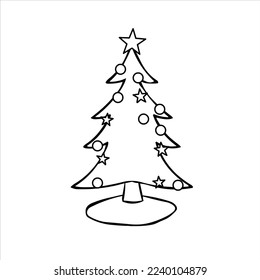 Coloring page of a decorated Christmas tree with gifts. Vector black and white illustration on white background. 