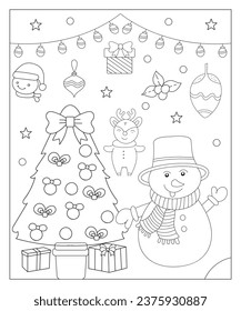 Coloring page of a decorated Christmas tree, Shanta Claus, ball, bell, snowman and gifts