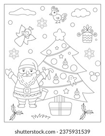 Coloring page of a decorated Christmas tree, Shanta Claus, ball, bell, snowman and gifts