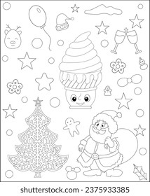 Coloring page of a decorated Christmas tree, Shanta Claus, ball, bell, snowman and gifts. 
