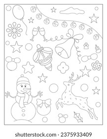 Página de coloreado de un árbol de Navidad decorado, Shanta Claus, bola, campana, muñeco de nieve y regalos. 